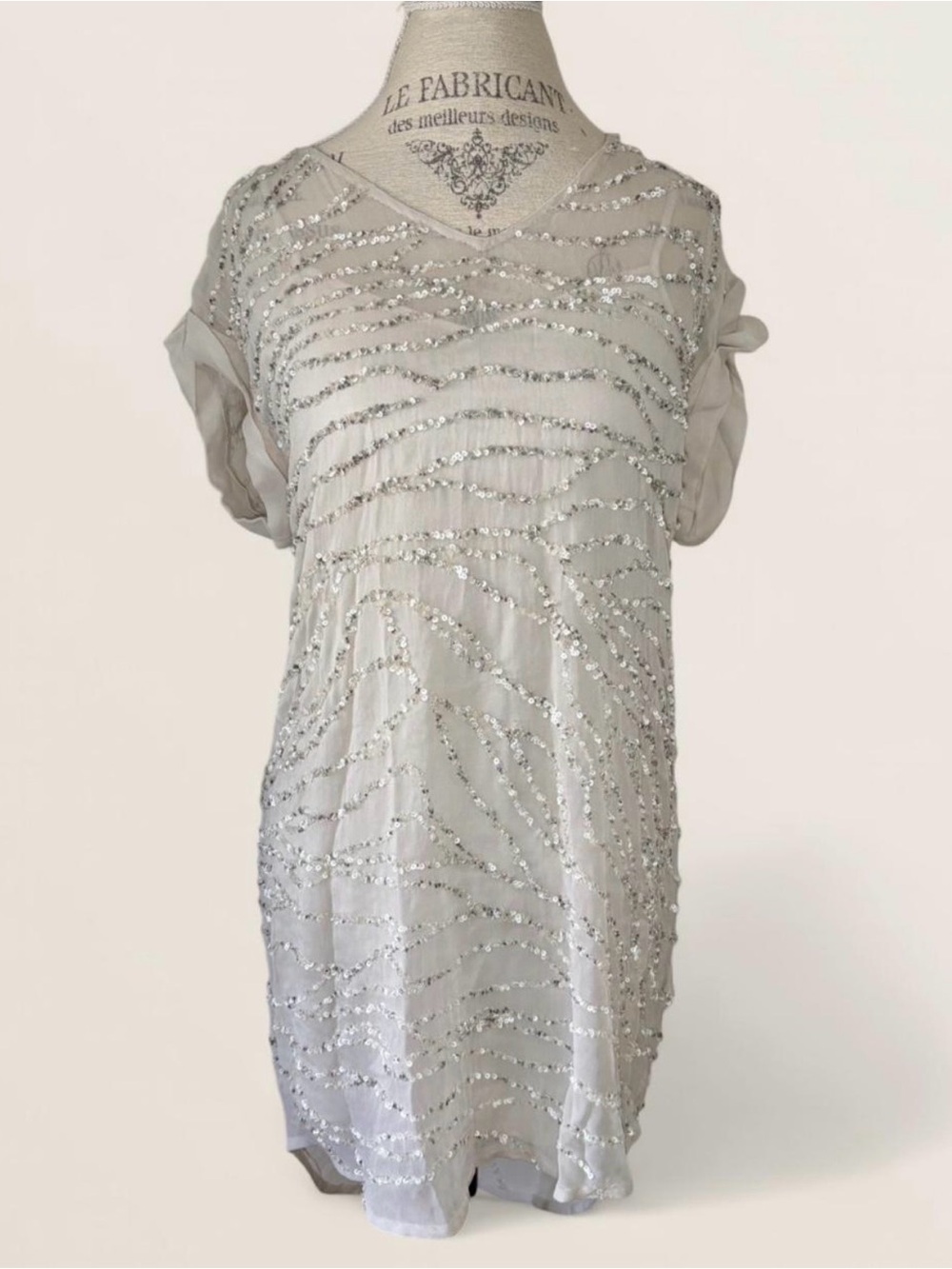All Saints Cream/Silver Embellished Sequin Tee Mini Dress With Slip